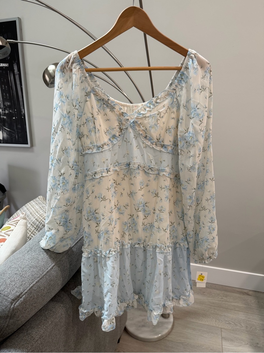 Ultra Flirt White and Light Blue Floral Long Sleeve Ruffle Mini Dress